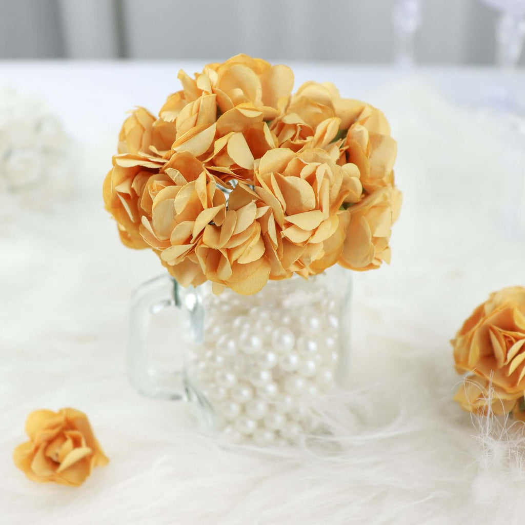 144 Gold Paper Mini Craft Flower Roses, DIY Flower Bushes With Wire Stems - Bell Racket Store