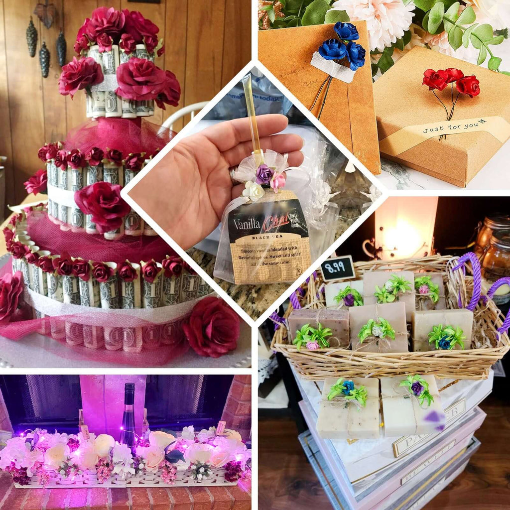 144 Gold Paper Mini Craft Flower Roses, DIY Flower Bushes With Wire Stems - Bell Racket Store