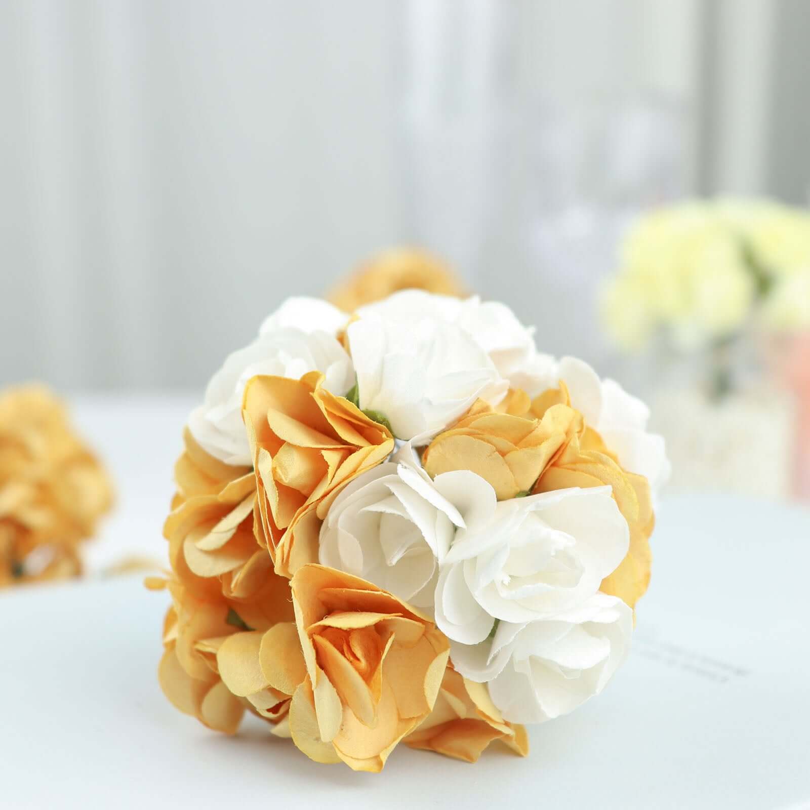 144 Gold Paper Mini Craft Flower Roses, DIY Flower Bushes With Wire Stems - Bell Racket Store