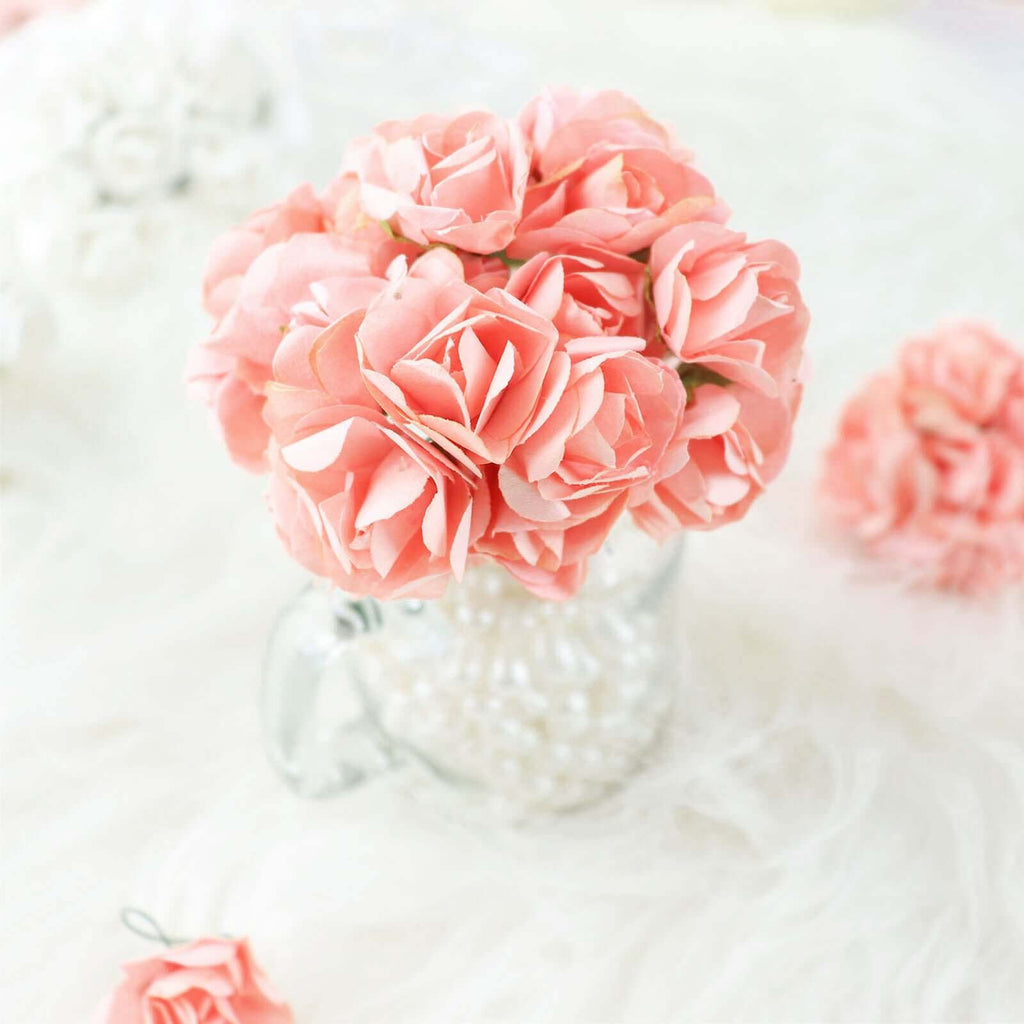 144 Pack Pink Paper Mini Craft Roses, DIY Craft Flowers With Wired Stem - Bell Racket Store