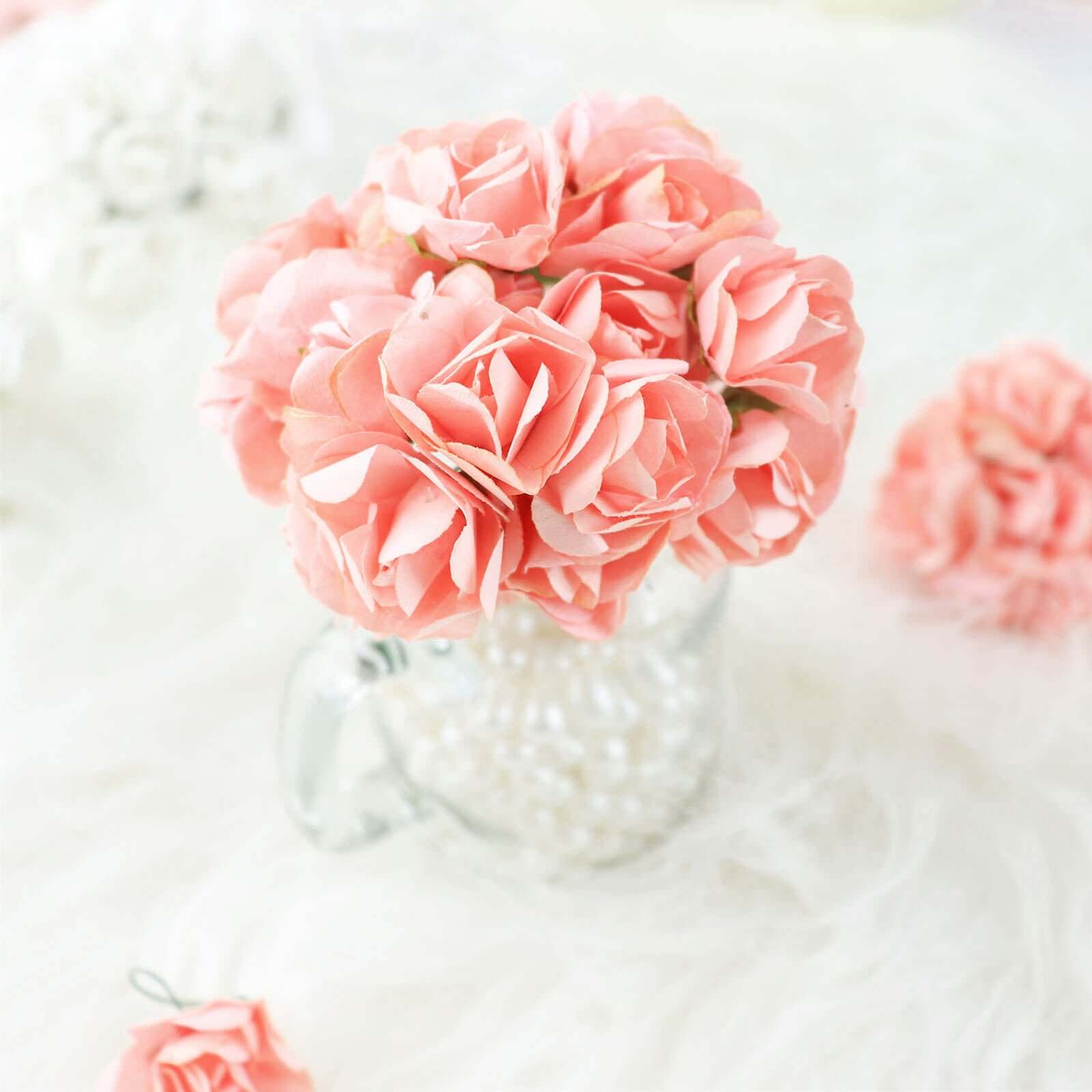 144 Pack Pink Paper Mini Craft Roses, DIY Craft Flowers With Wired Stem - Bell Racket Store