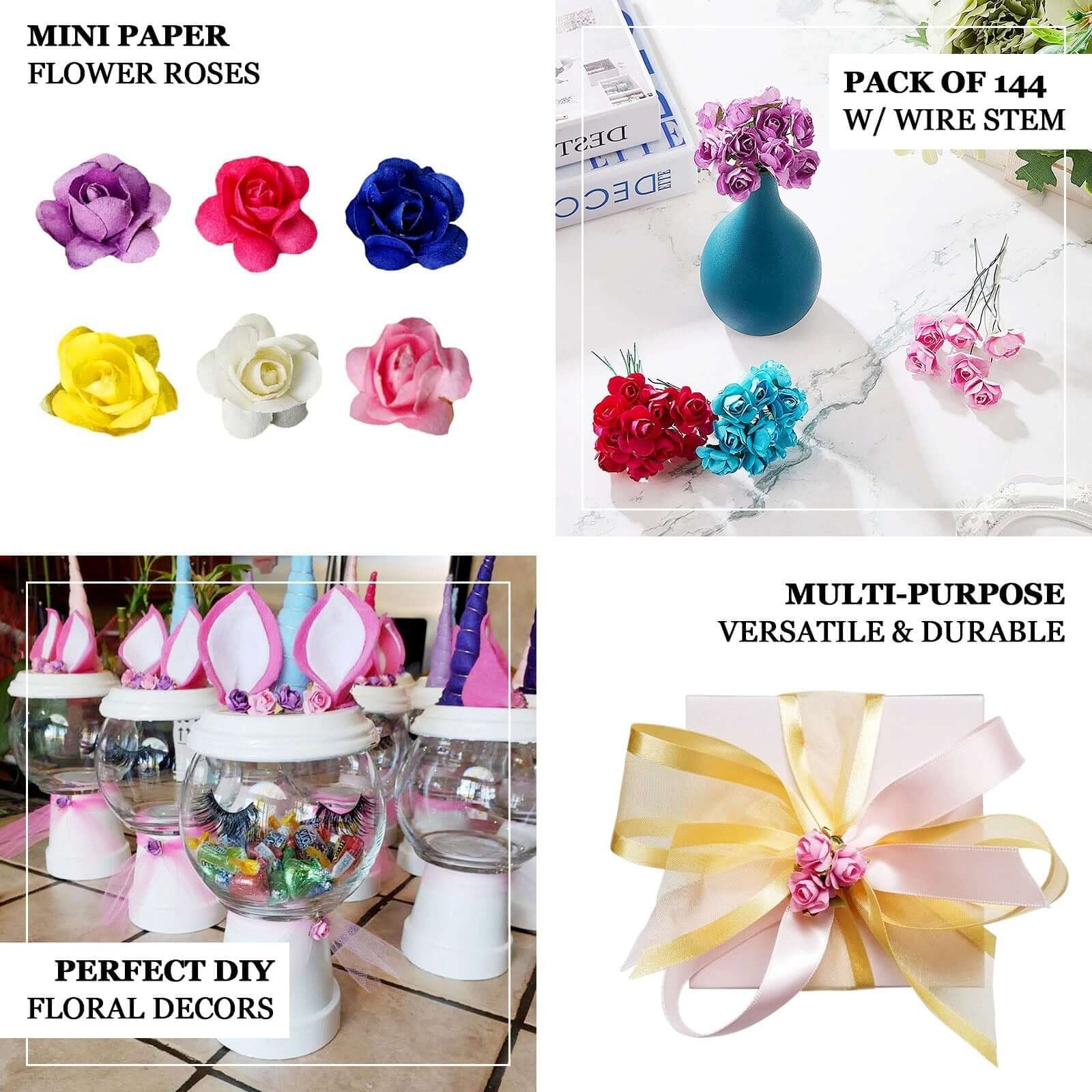 144 Pack Pink Paper Mini Craft Roses, DIY Craft Flowers With Wired Stem - Bell Racket Store