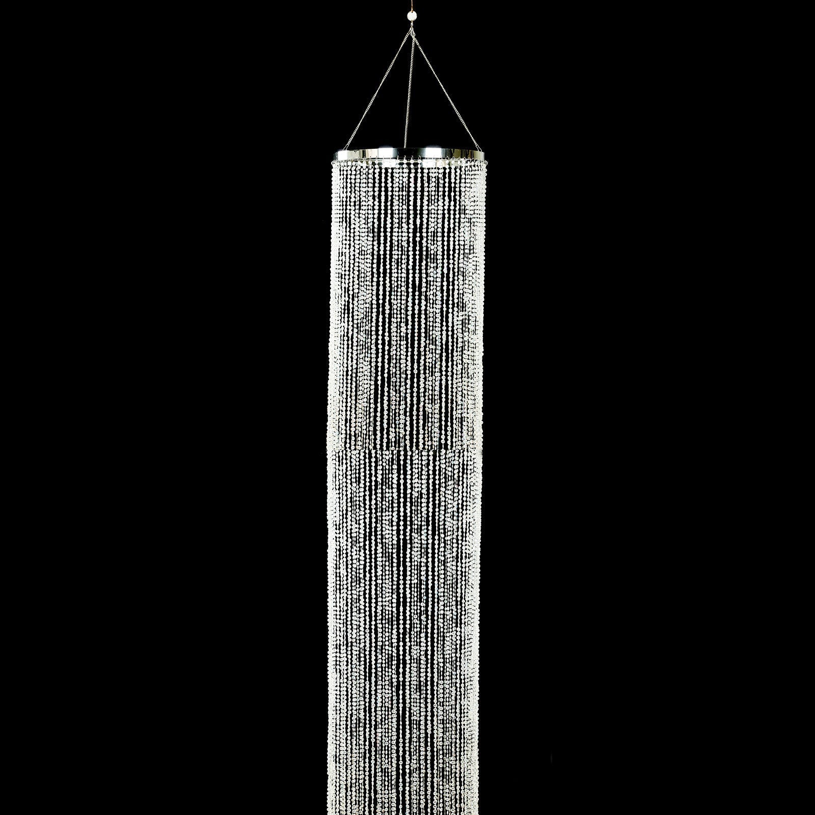 14ft Hanging Beaded Crystal Column Chandelier, Tall Beads Curtain Round with Silver Metal Hoop and Hanging Chain - Bell Racket Store