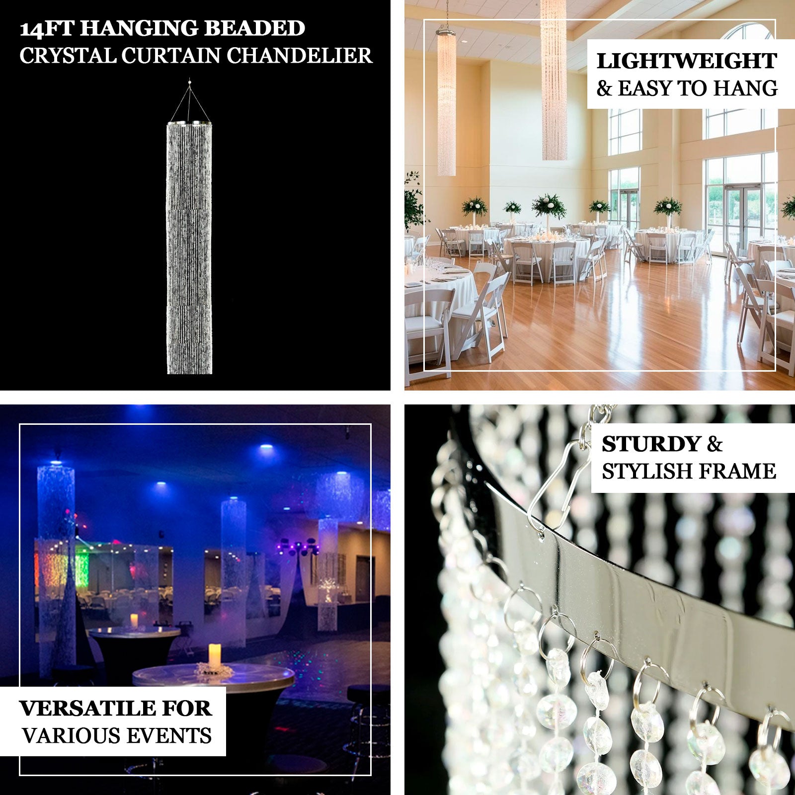 14ft Hanging Beaded Crystal Column Chandelier, Tall Beads Curtain Round with Silver Metal Hoop and Hanging Chain - Bell Racket Store