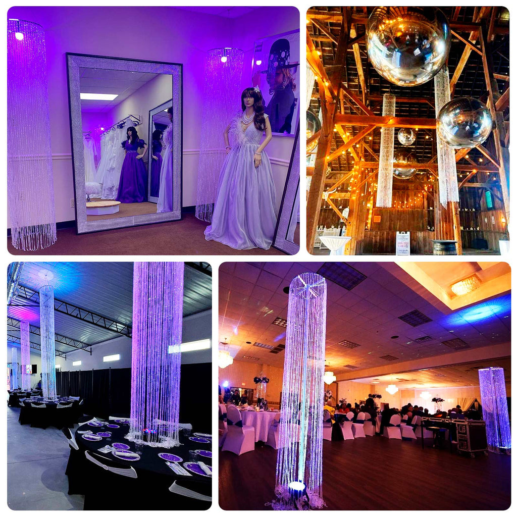 14ft Hanging Beaded Crystal Column Chandelier, Tall Beads Curtain Round with Silver Metal Hoop and Hanging Chain - Bell Racket Store