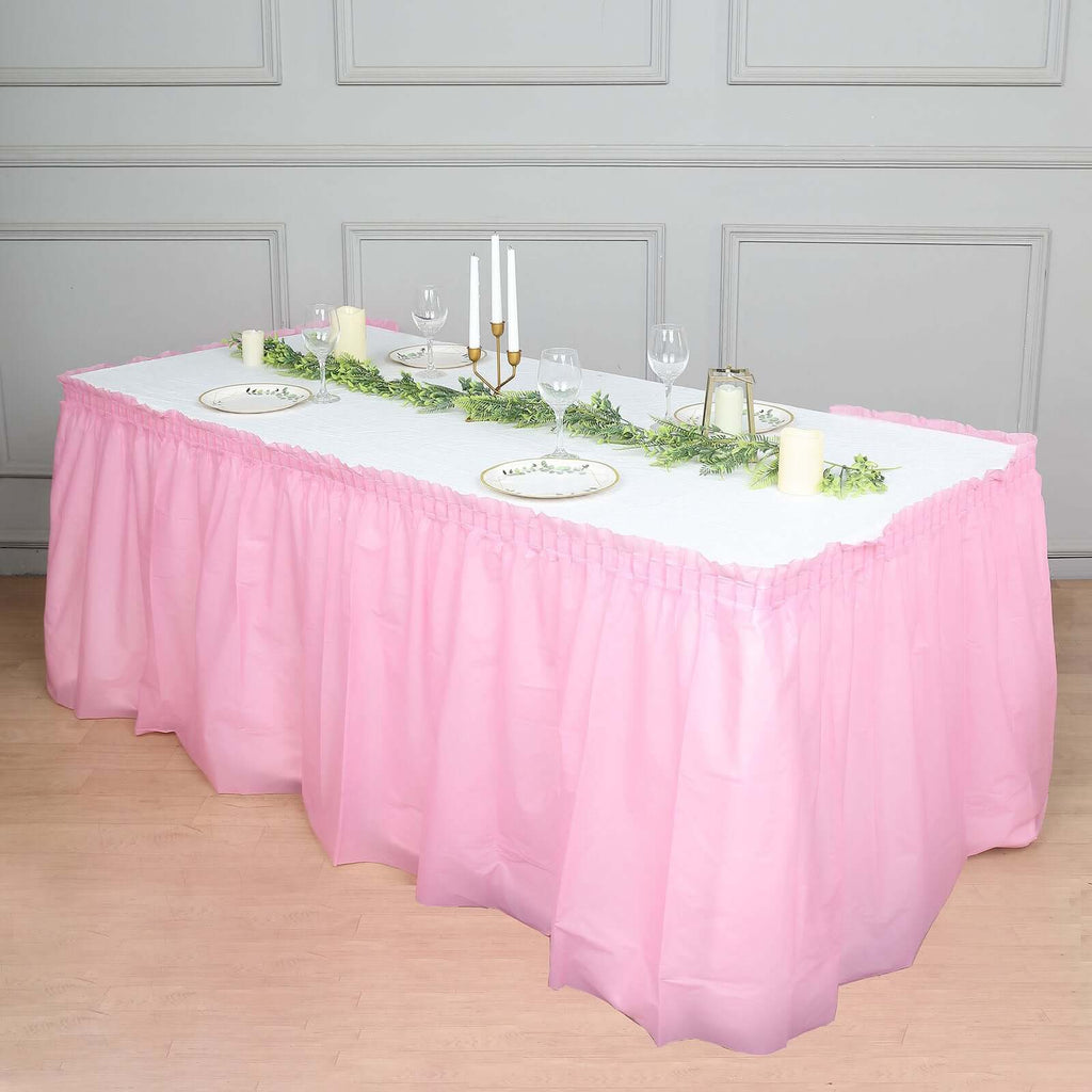 Plastic Table Skirt Pink Ruffled - Durable Disposable Skirt for Events 14ft