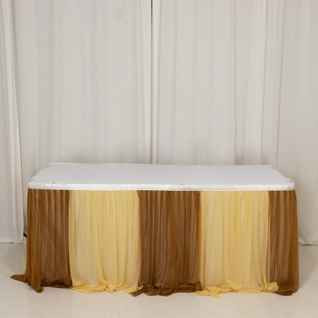 14ft Sheer Pleated Ruffle Skirting Chiffon Table Skirt - Champagne and Gold, Shimmer Sheer, Wrinkle - Free Fabric - Bell Racket Store