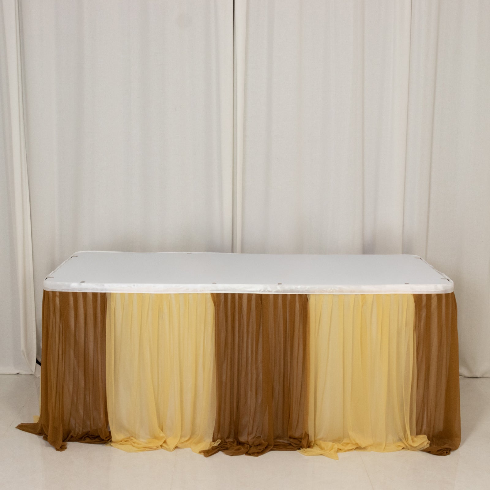 14ft Sheer Pleated Ruffle Skirting Chiffon Table Skirt - Champagne and Gold, Shimmer Sheer, Wrinkle - Free Fabric - Bell Racket Store