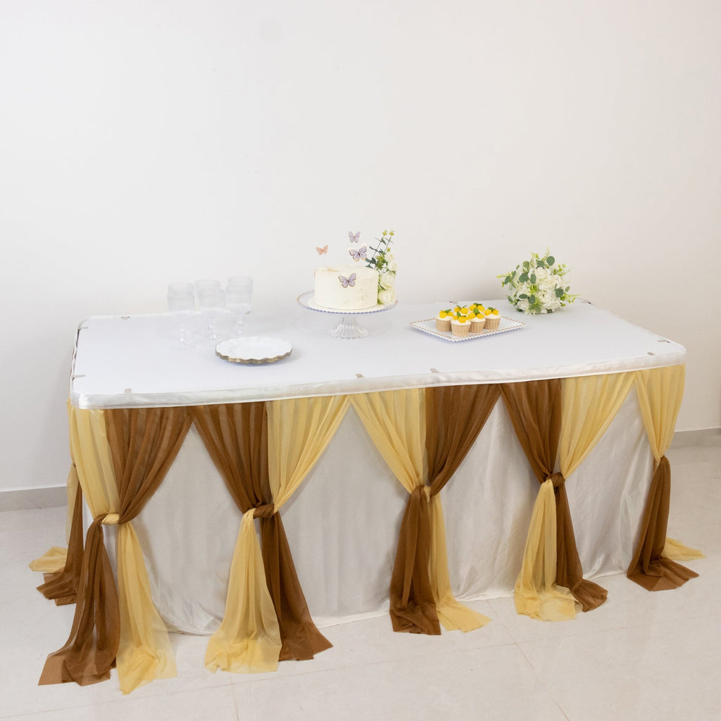 14ft Sheer Pleated Ruffle Skirting Chiffon Table Skirt - Champagne and Gold, Shimmer Sheer, Wrinkle - Free Fabric - Bell Racket Store