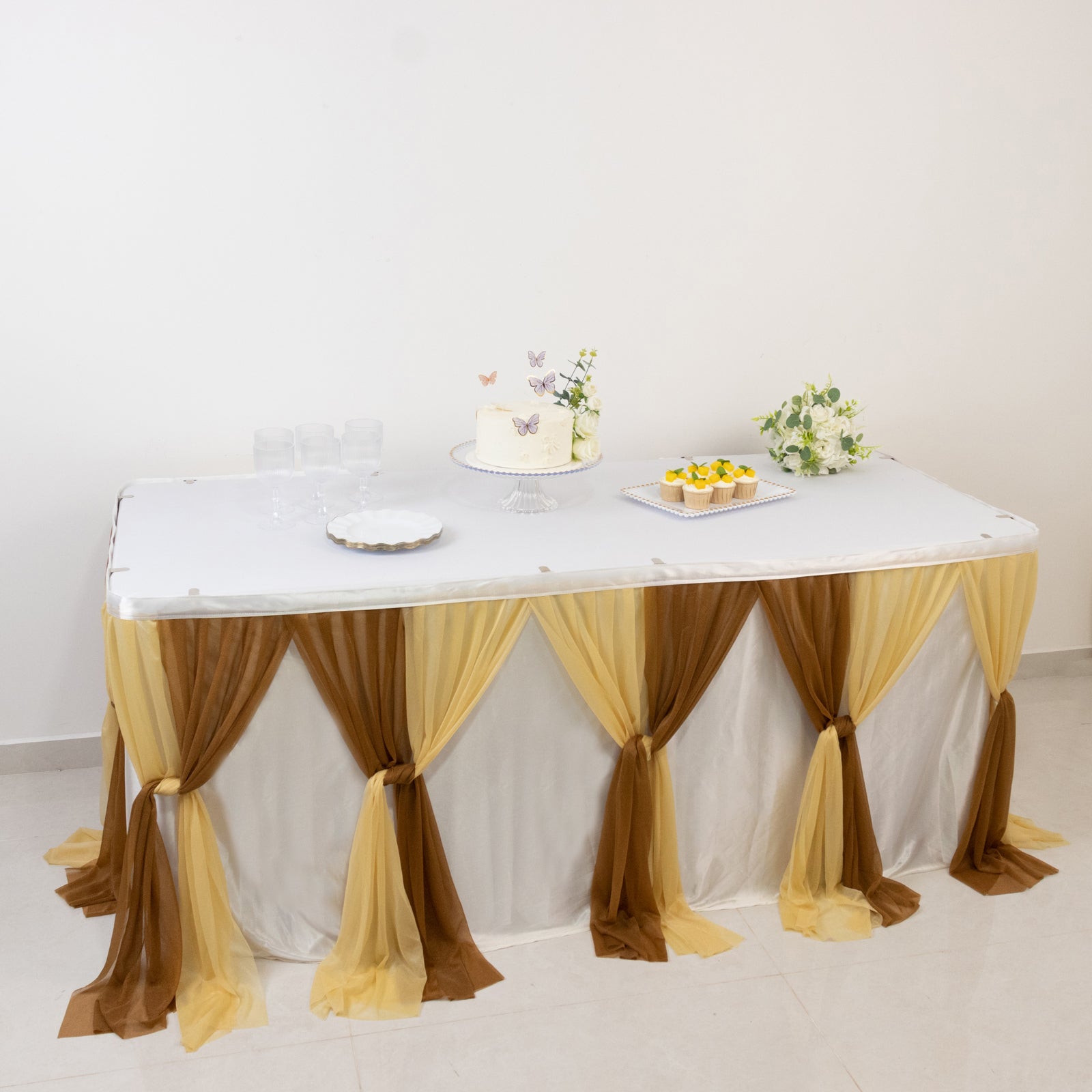 14ft Sheer Pleated Ruffle Skirting Chiffon Table Skirt - Champagne and Gold, Shimmer Sheer, Wrinkle - Free Fabric - Bell Racket Store