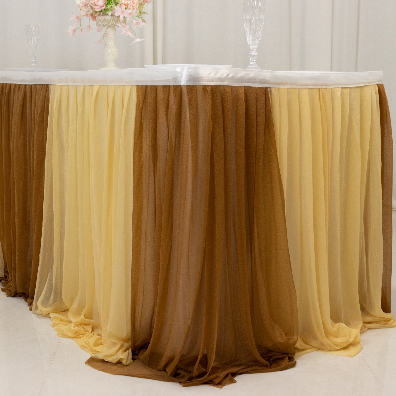 14ft Sheer Pleated Ruffle Skirting Chiffon Table Skirt - Champagne and Gold, Shimmer Sheer, Wrinkle - Free Fabric - Bell Racket Store