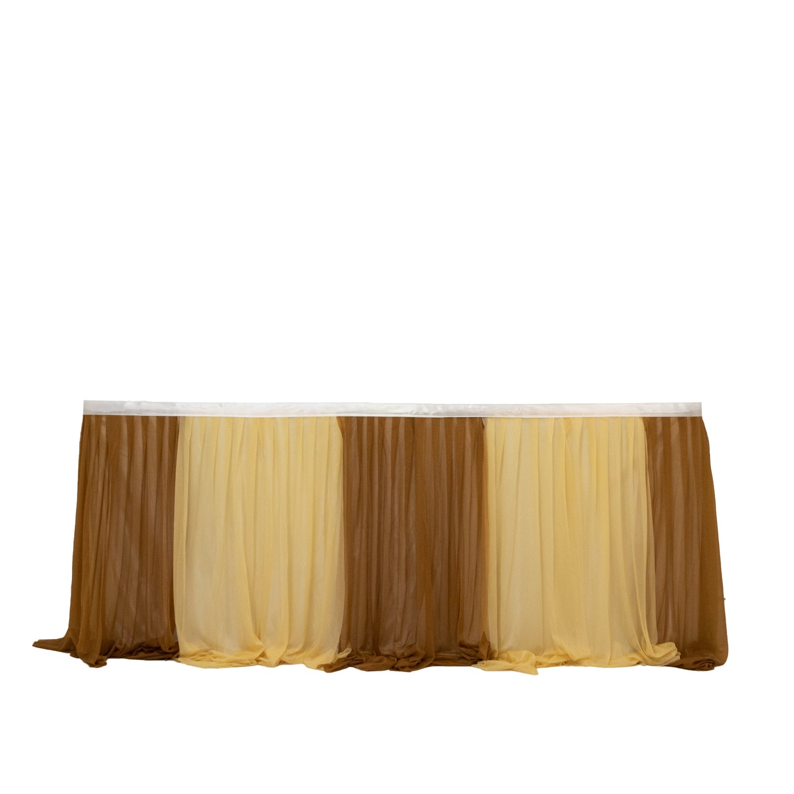 14ft Sheer Pleated Ruffle Skirting Chiffon Table Skirt - Champagne and Gold, Shimmer Sheer, Wrinkle - Free Fabric - Bell Racket Store