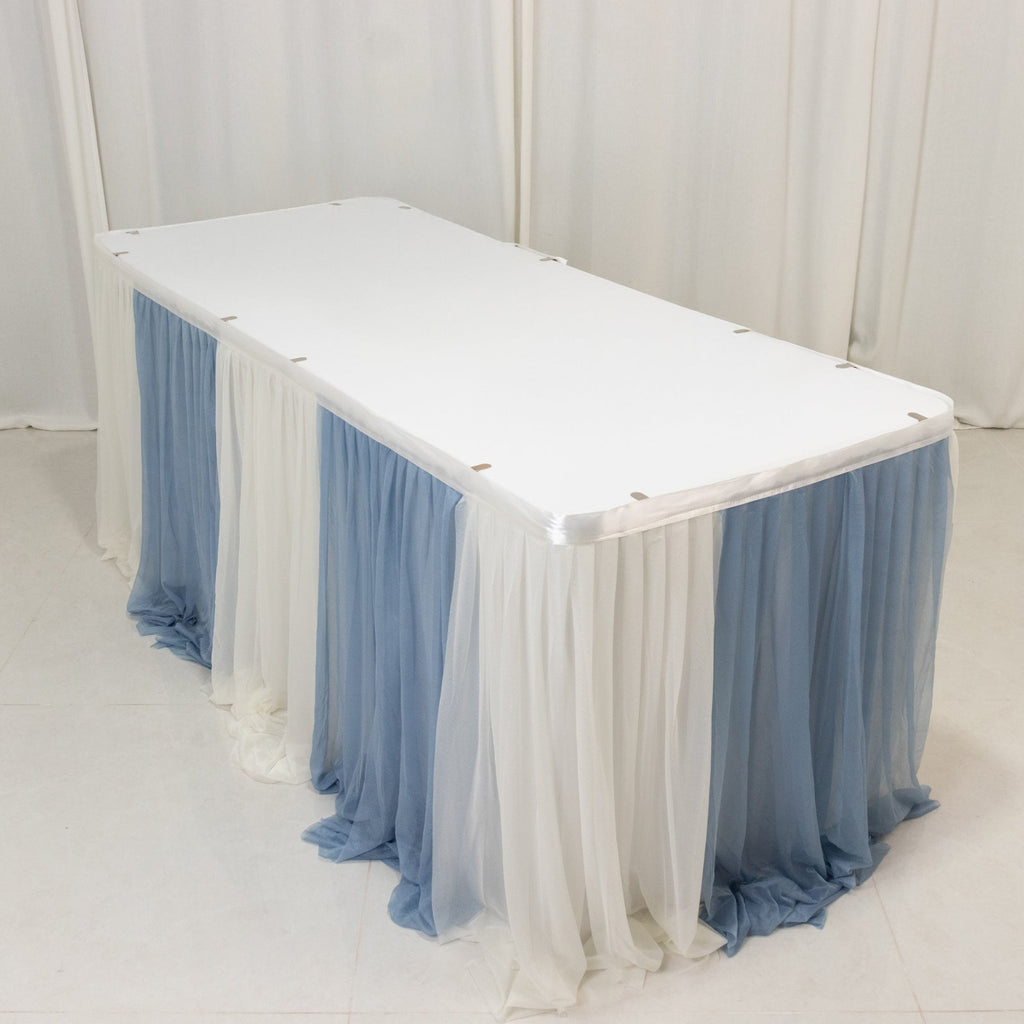 14ft Sheer Pleated Ruffle Skirting Chiffon Table Skirt - Dusty Blue and Ivory, Shimmer Sheer, Wrinkle - Free Fabric - Bell Racket Store