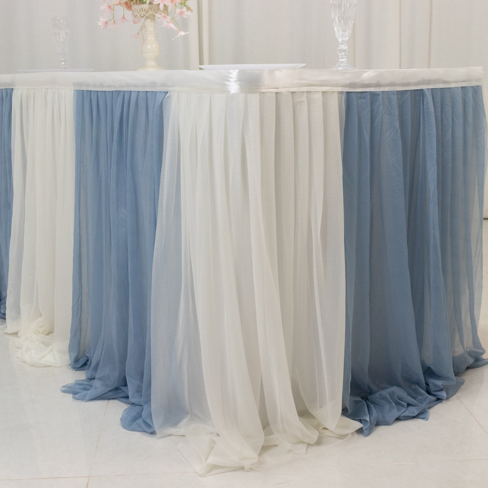 14ft Sheer Pleated Ruffle Skirting Chiffon Table Skirt - Dusty Blue and Ivory, Shimmer Sheer, Wrinkle - Free Fabric - Bell Racket Store