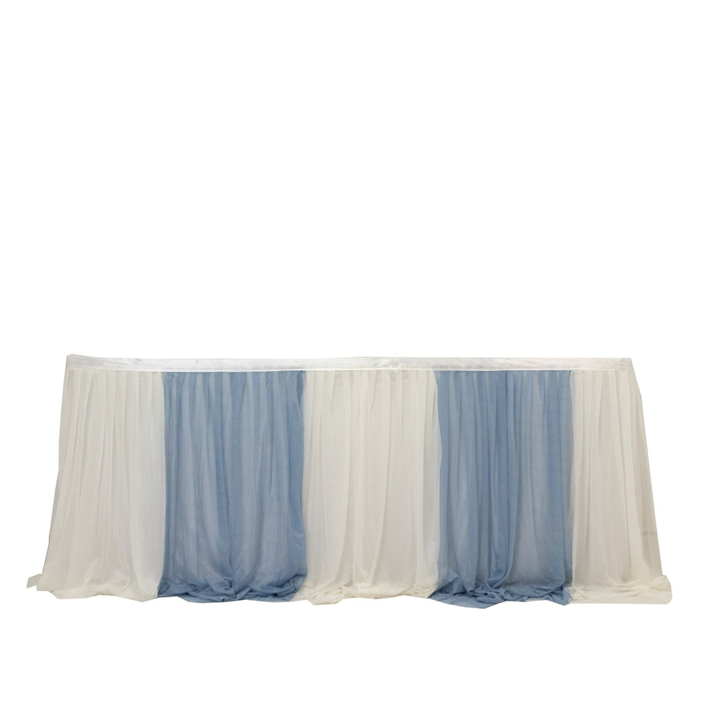 14ft Sheer Pleated Ruffle Skirting Chiffon Table Skirt - Dusty Blue and Ivory, Shimmer Sheer, Wrinkle - Free Fabric - Bell Racket Store