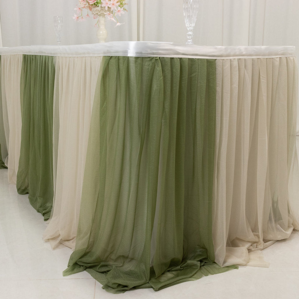 14ft Sheer Pleated Ruffle Skirting Chiffon Table Skirt - Dusty Sage Green and Beige, Shimmer Sheer, Wrinkle - Free Fabric - Bell Racket Store