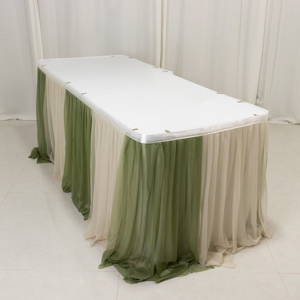 14ft Sheer Pleated Ruffle Skirting Chiffon Table Skirt - Dusty Sage Green and Beige, Shimmer Sheer, Wrinkle - Free Fabric - Bell Racket Store