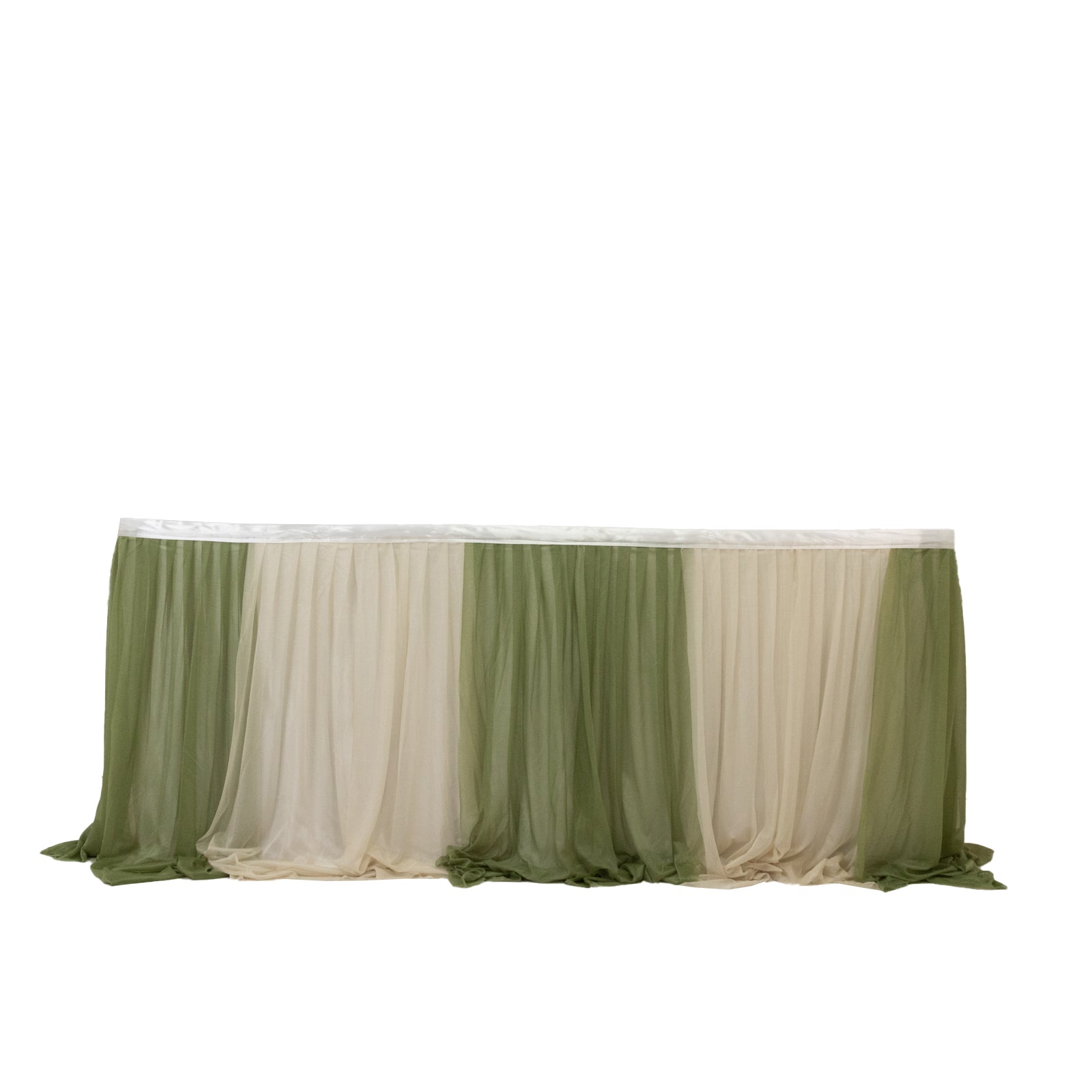 14ft Sheer Pleated Ruffle Skirting Chiffon Table Skirt - Dusty Sage Green and Beige, Shimmer Sheer, Wrinkle - Free Fabric - Bell Racket Store