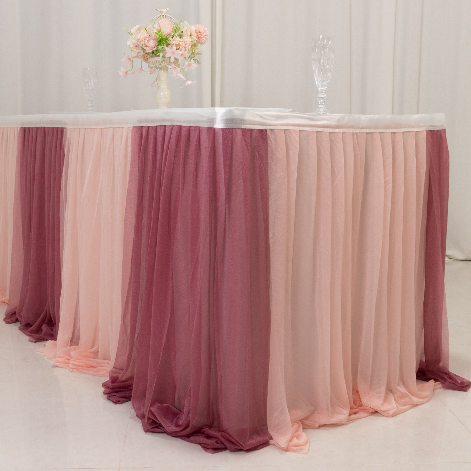 14ft Sheer Pleated Ruffle Skirting Chiffon Table Skirt - Mauve and Blush, Shimmer Sheer, Wrinkle - Free Fabric - Bell Racket Store