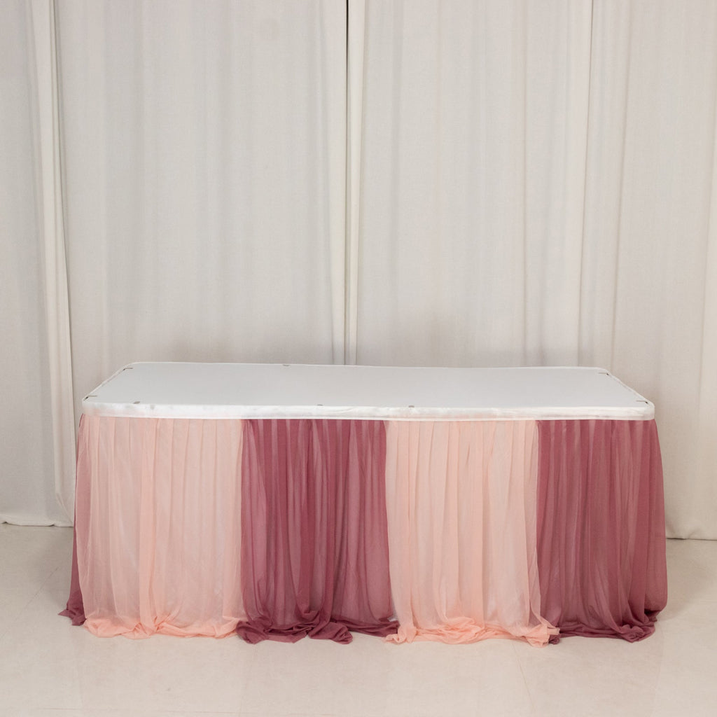 14ft Sheer Pleated Ruffle Skirting Chiffon Table Skirt - Mauve and Blush, Shimmer Sheer, Wrinkle - Free Fabric - Bell Racket Store