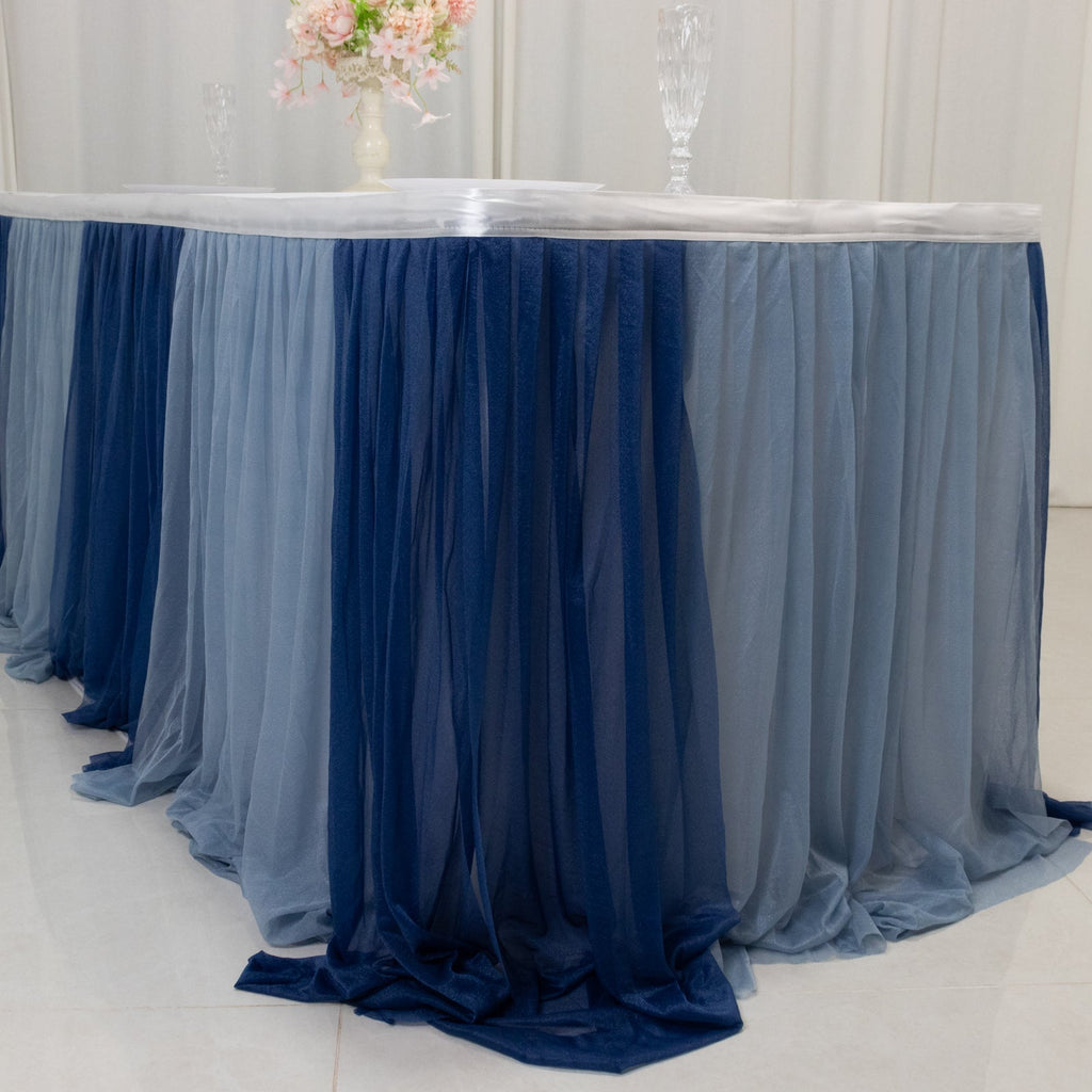 14ft Sheer Pleated Ruffle Skirting Chiffon Table Skirt - Navy Blue and Dusty Blue, Shimmer Sheer, Wrinkle - Free Fabric - Bell Racket Store