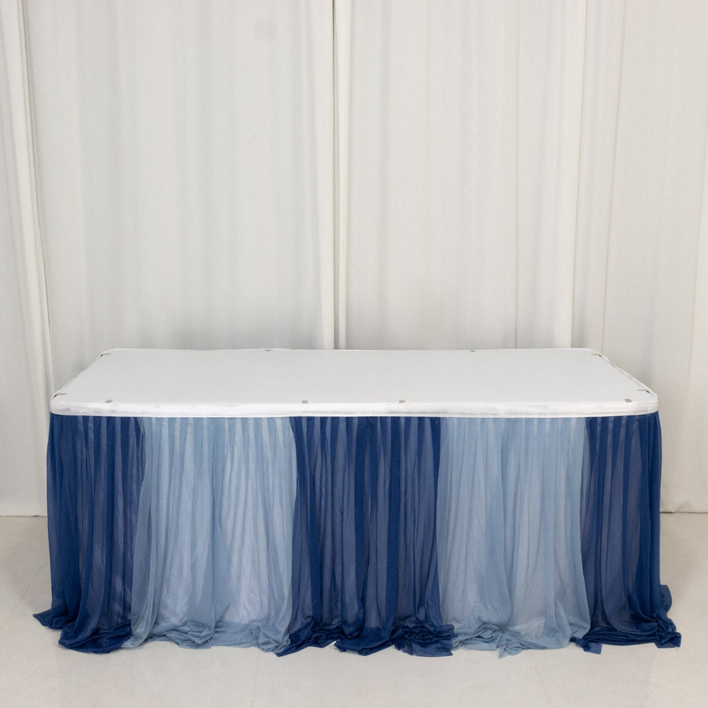 14ft Sheer Pleated Ruffle Skirting Chiffon Table Skirt - Navy Blue and Dusty Blue, Shimmer Sheer, Wrinkle - Free Fabric - Bell Racket Store