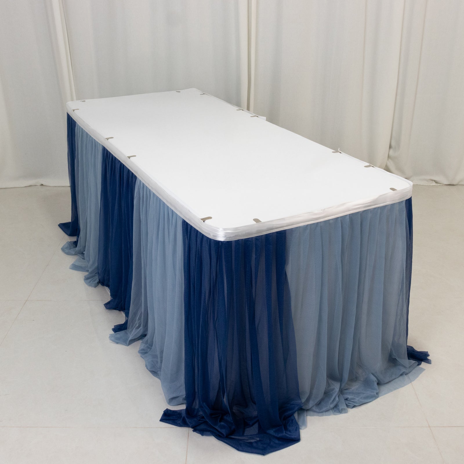 14ft Sheer Pleated Ruffle Skirting Chiffon Table Skirt - Navy Blue and Dusty Blue, Shimmer Sheer, Wrinkle - Free Fabric - Bell Racket Store