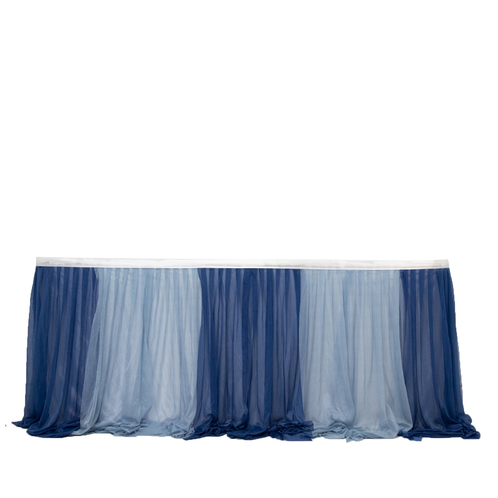 14ft Sheer Pleated Ruffle Skirting Chiffon Table Skirt - Navy Blue and Dusty Blue, Shimmer Sheer, Wrinkle - Free Fabric - Bell Racket Store