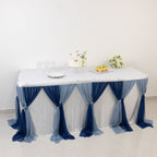 14ft Sheer Pleated Ruffle Skirting Chiffon Table Skirt - Navy Blue and Dusty Blue, Shimmer Sheer, Wrinkle - Free Fabric - Bell Racket Store