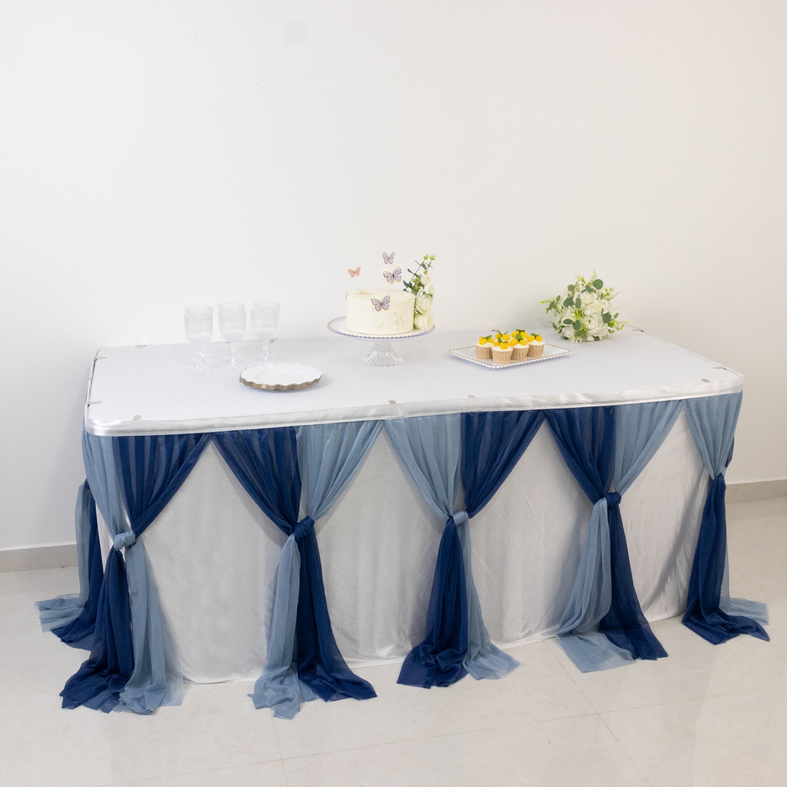 14ft Sheer Pleated Ruffle Skirting Chiffon Table Skirt - Navy Blue and Dusty Blue, Shimmer Sheer, Wrinkle - Free Fabric - Bell Racket Store
