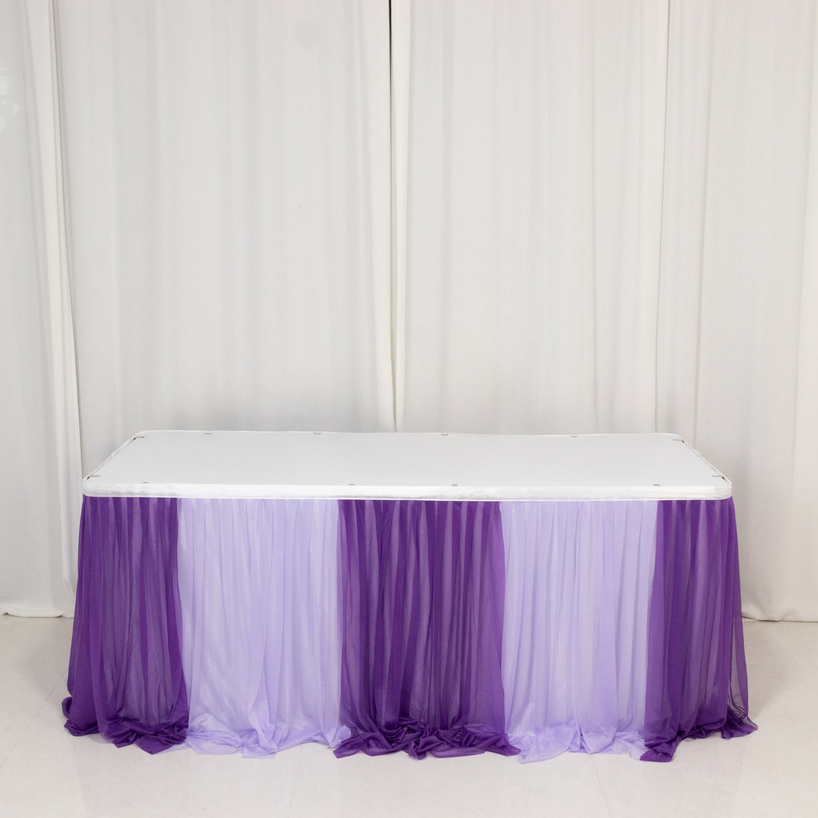 14ft Sheer Pleated Ruffle Skirting Chiffon Table Skirt - Purple and Lavender, Shimmer Sheer, Wrinkle - Free Fabric - Bell Racket Store