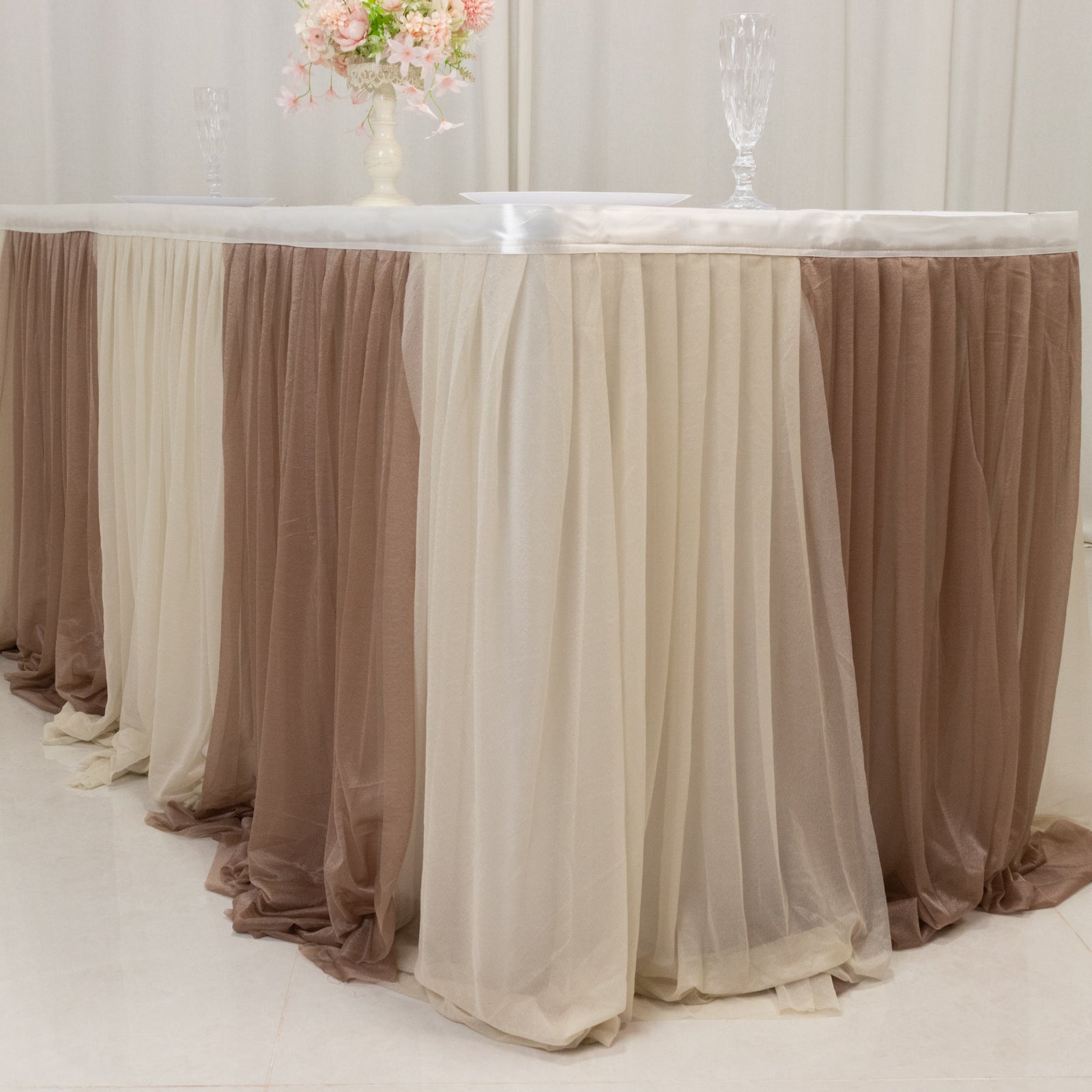 14ft Sheer Pleated Ruffle Skirting Chiffon Table Skirt - Taupe and Beige, Shimmer Sheer, Wrinkle - Free Fabric - Bell Racket Store