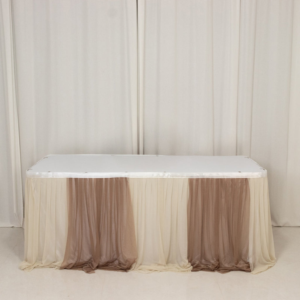 14ft Sheer Pleated Ruffle Skirting Chiffon Table Skirt - Taupe and Beige, Shimmer Sheer, Wrinkle - Free Fabric - Bell Racket Store
