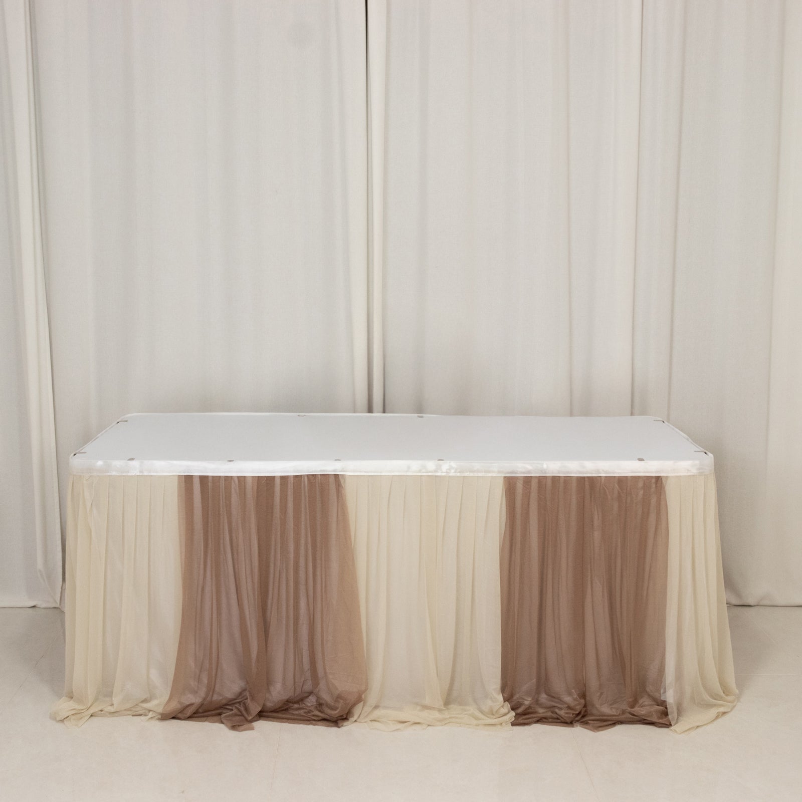 14ft Sheer Pleated Ruffle Skirting Chiffon Table Skirt - Taupe and Beige, Shimmer Sheer, Wrinkle - Free Fabric - Bell Racket Store