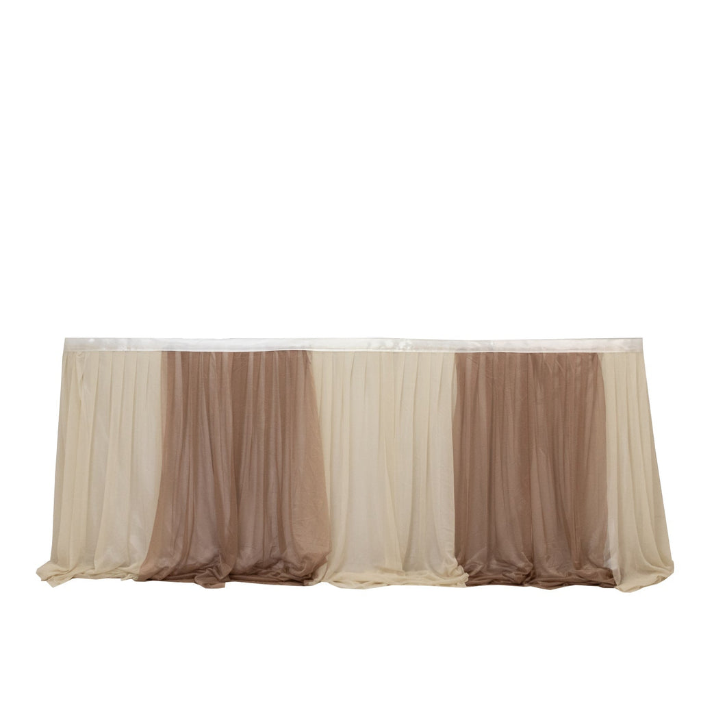 14ft Sheer Pleated Ruffle Skirting Chiffon Table Skirt - Taupe and Beige, Shimmer Sheer, Wrinkle - Free Fabric - Bell Racket Store