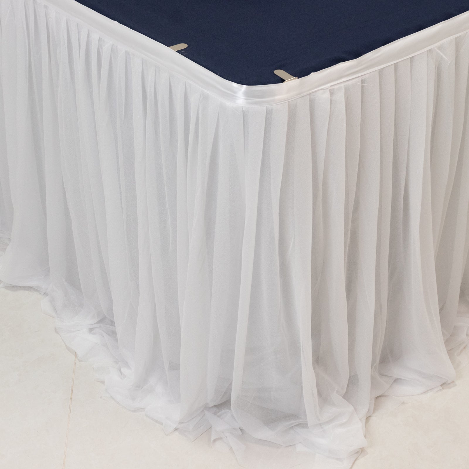 14ft Sheer Pleated Ruffle Skirting Chiffon Table Skirt - White, Shimmer Sheer, Wrinkle - Free Fabric - Bell Racket Store