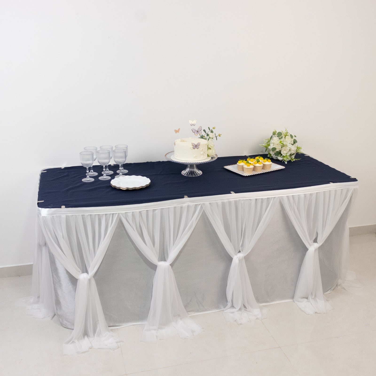 14ft Sheer Pleated Ruffle Skirting Chiffon Table Skirt - White, Shimmer Sheer, Wrinkle - Free Fabric - Bell Racket Store