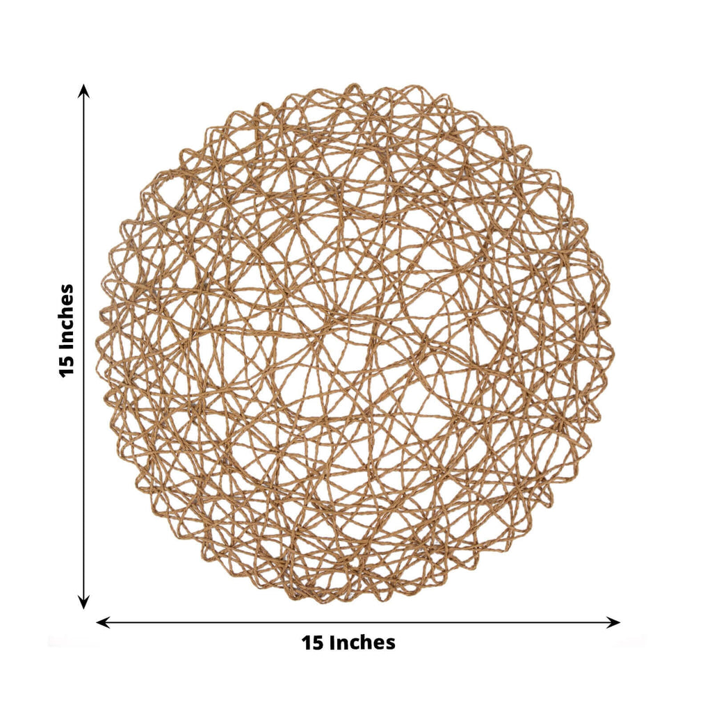 6-Pack Table Placemats Woven Fiber Design Natural Round - Disposable Mats for Dining and Events 15"