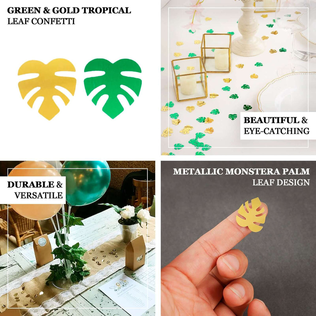 15G Bag Tropical Palm Leaf Table Confetti, Shiny Monstera Metallic Green and Gold Vibrant Eye - Catching Design - Bell Racket Store