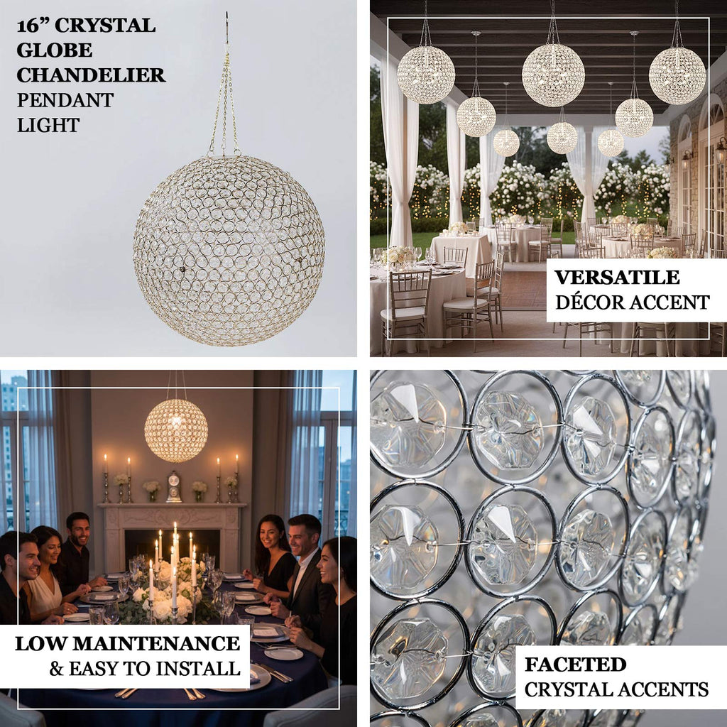 16" Crystal Globe Chandelier â€“ Hanging Beaded Ball Pendant Light with Silver Metal Hook & Chain for Decorative Home Lighting - Bell Racket Store