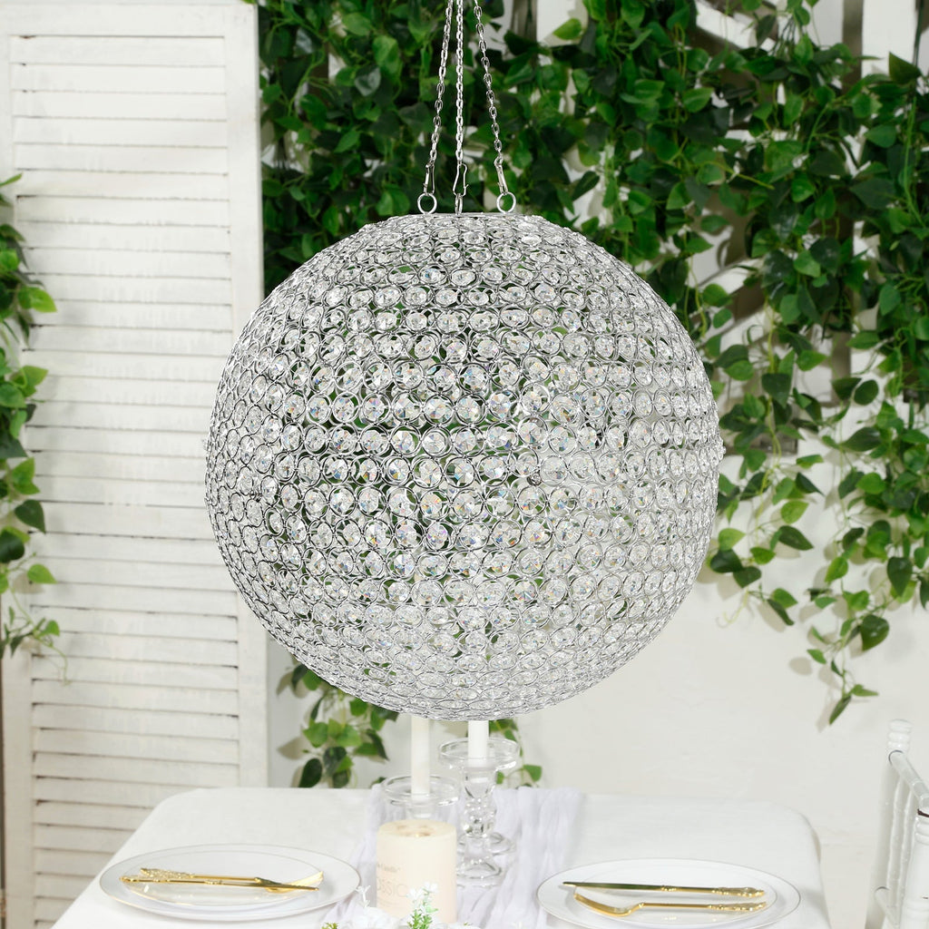 16" Crystal Globe Chandelier â€“ Hanging Beaded Ball Pendant Light with Silver Metal Hook & Chain for Decorative Home Lighting - Bell Racket Store