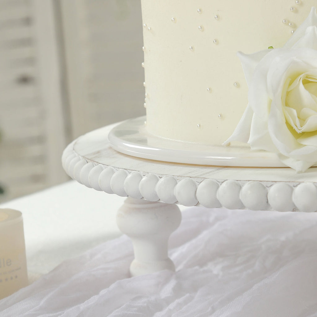 16" Rustic Wooden Cake Stand â€“ Antique White Pedestal with Beaded Edge, Cupcake Display or Wood Slice Tray - Bell Racket Store