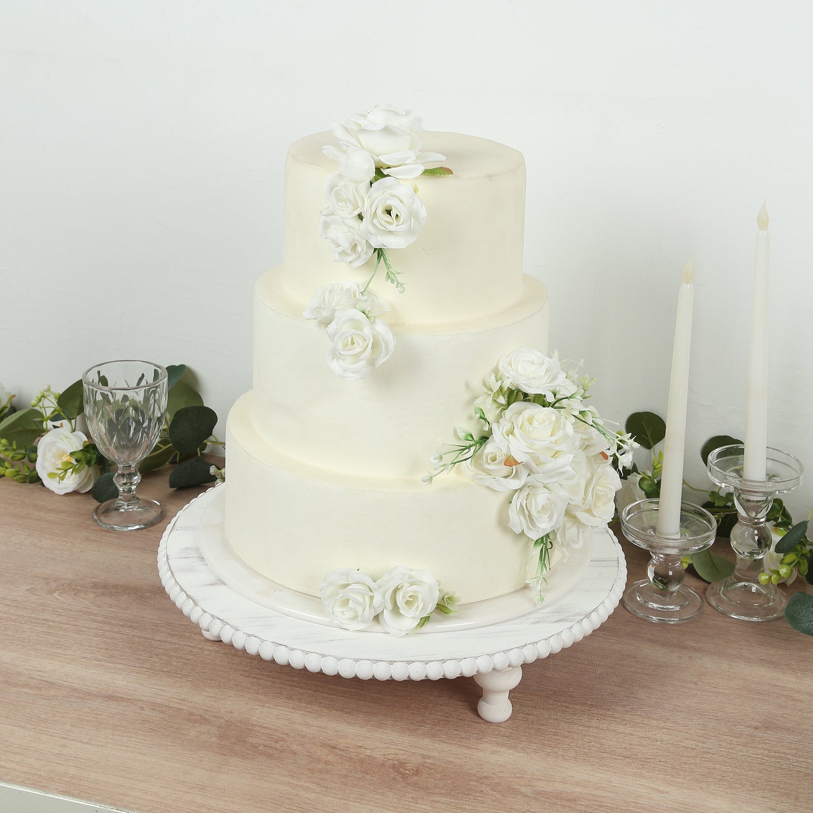 16" Rustic Wooden Cake Stand â€“ Antique White Pedestal with Beaded Edge, Cupcake Display or Wood Slice Tray - Bell Racket Store