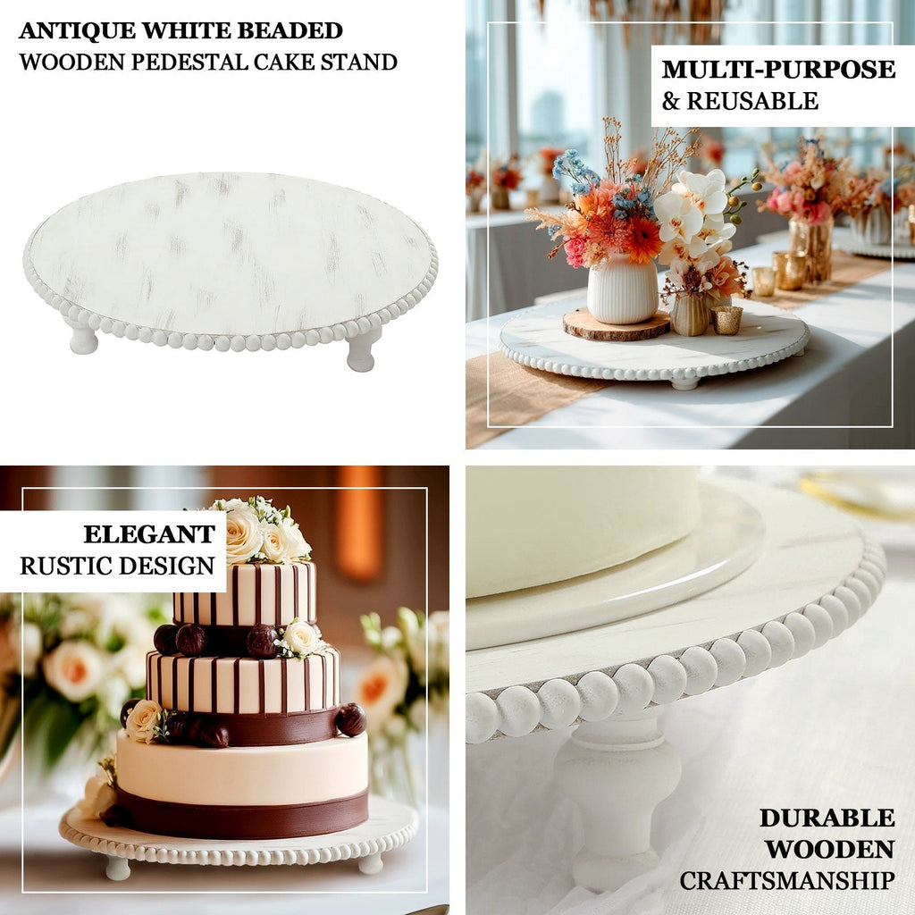 16" Rustic Wooden Cake Stand â€“ Antique White Pedestal with Beaded Edge, Cupcake Display or Wood Slice Tray - Bell Racket Store