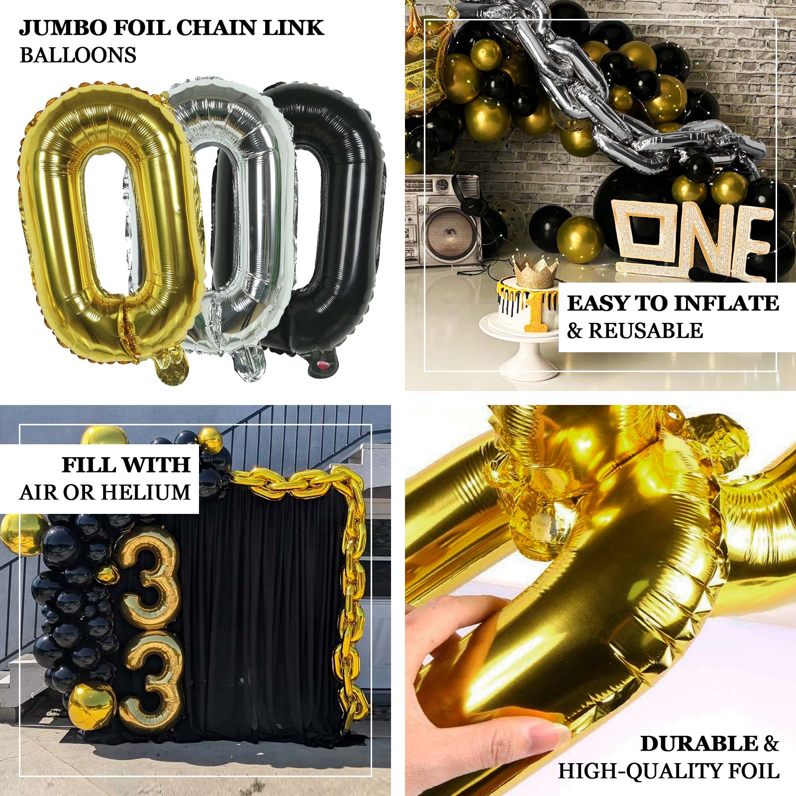 16ft Jumbo Chain Link Balloons in Black, 30pack 8x12" Durable Foil Chain Balloons for 90s Hip Hop Party Decorations, Event Decor - Bell Racket Store