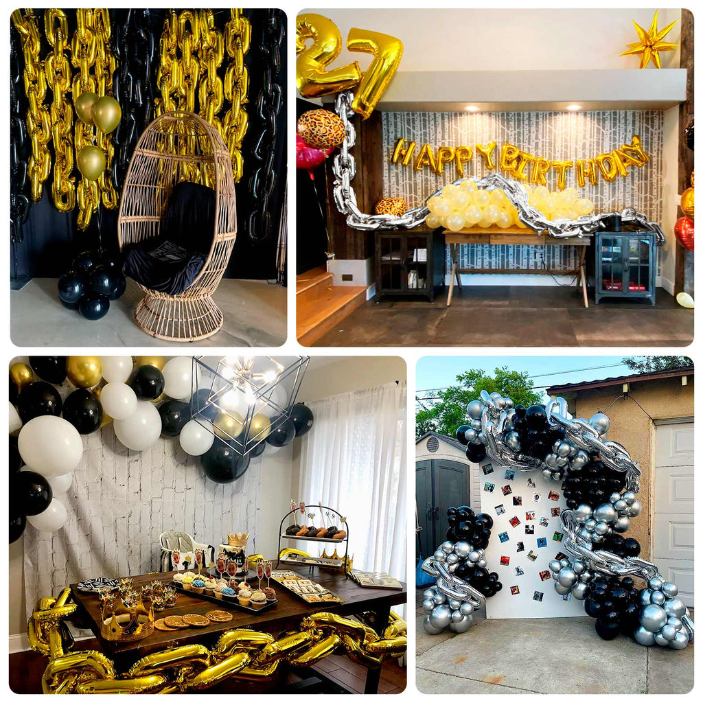 16ft Jumbo Chain Link Balloons in Black, 30pack 8x12" Durable Foil Chain Balloons for 90s Hip Hop Party Decorations, Event Decor - Bell Racket Store