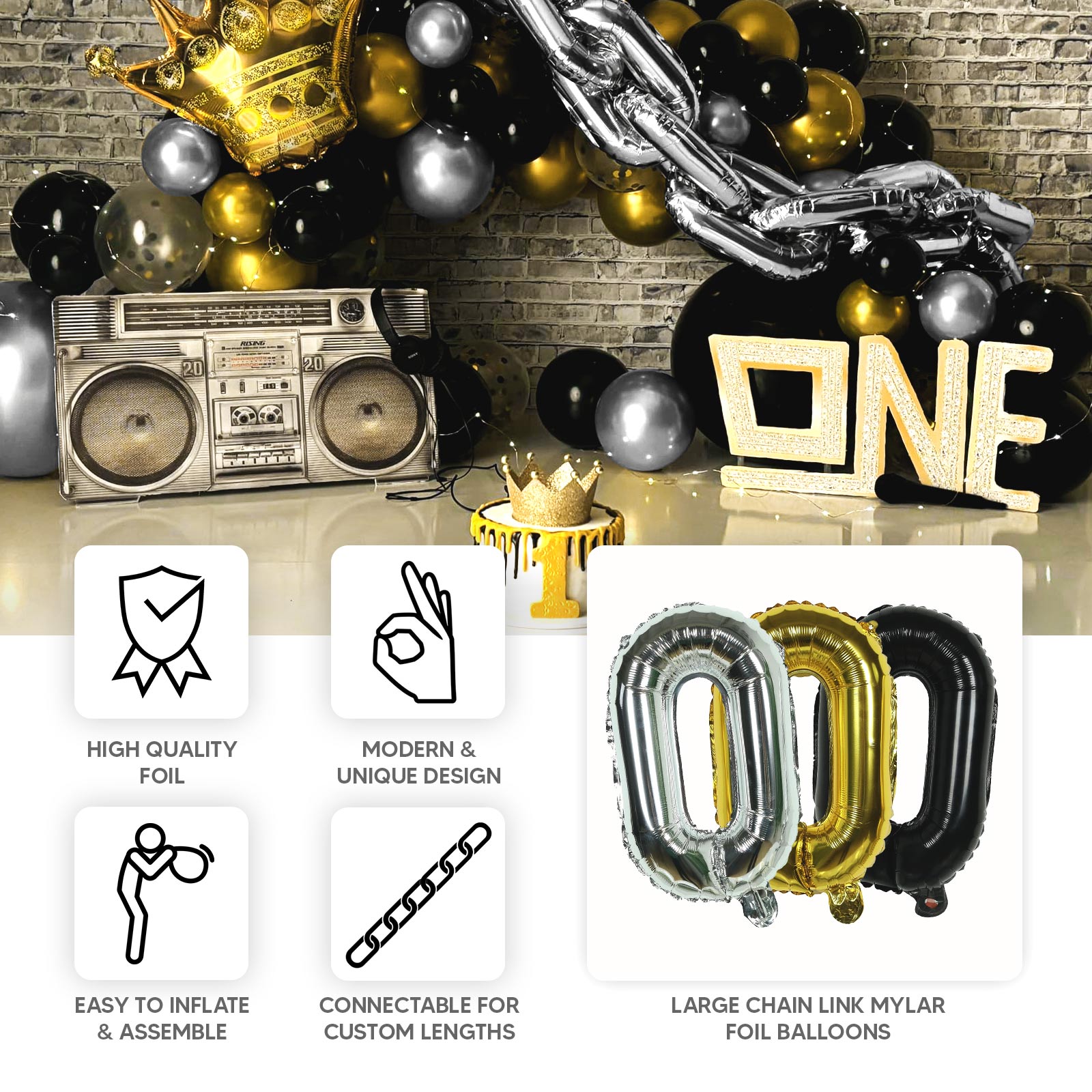 16ft Jumbo Chain Link Balloons in Silver, 30pack 8x12" Durable Foil Chain Balloons for 90s Hip Hop Party Decorations, Event Decor - Bell Racket Store