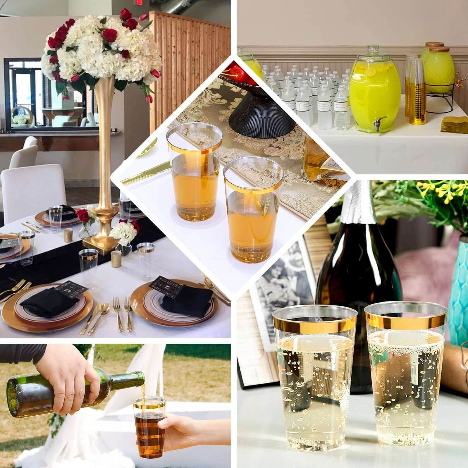 12-Pack Plastic Party Cups Clear with Gold Rim - Durable Disposable Tumblers for Drinks 17oz 5.5"