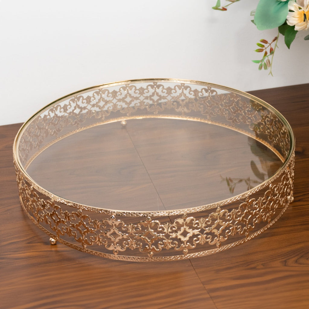 18" Gold Metal Cake Stand with Glass Top Baroque Ornate Style, Round Dessert Display Tray - Bell Racket Store