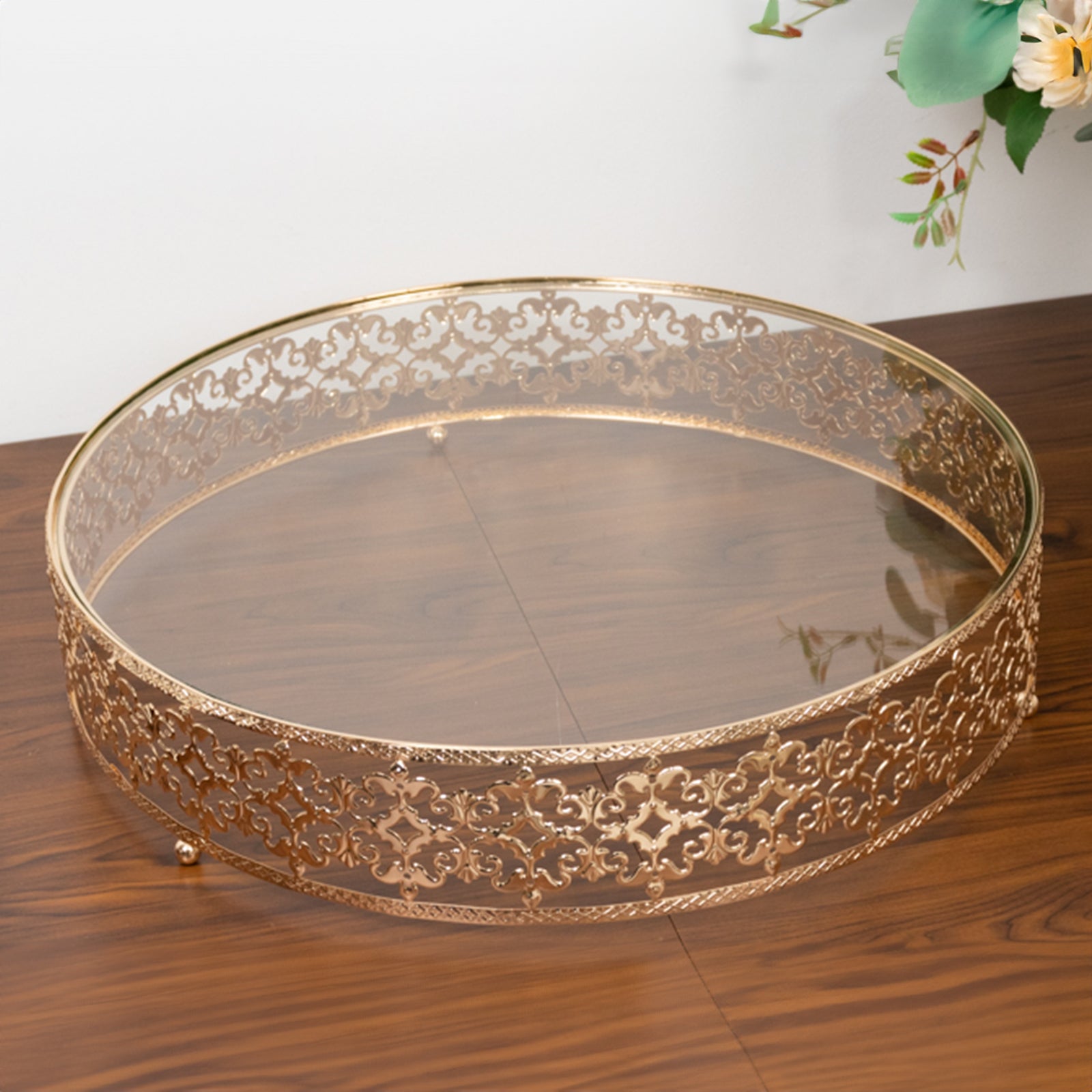 18" Gold Metal Cake Stand with Glass Top Baroque Ornate Style, Round Dessert Display Tray - Bell Racket Store